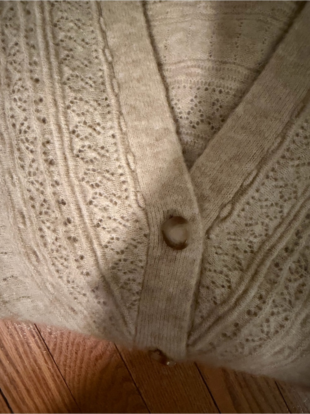 Sezane Light Beige Knit V-Neck Cardigan with beautiful “lacework” detail
